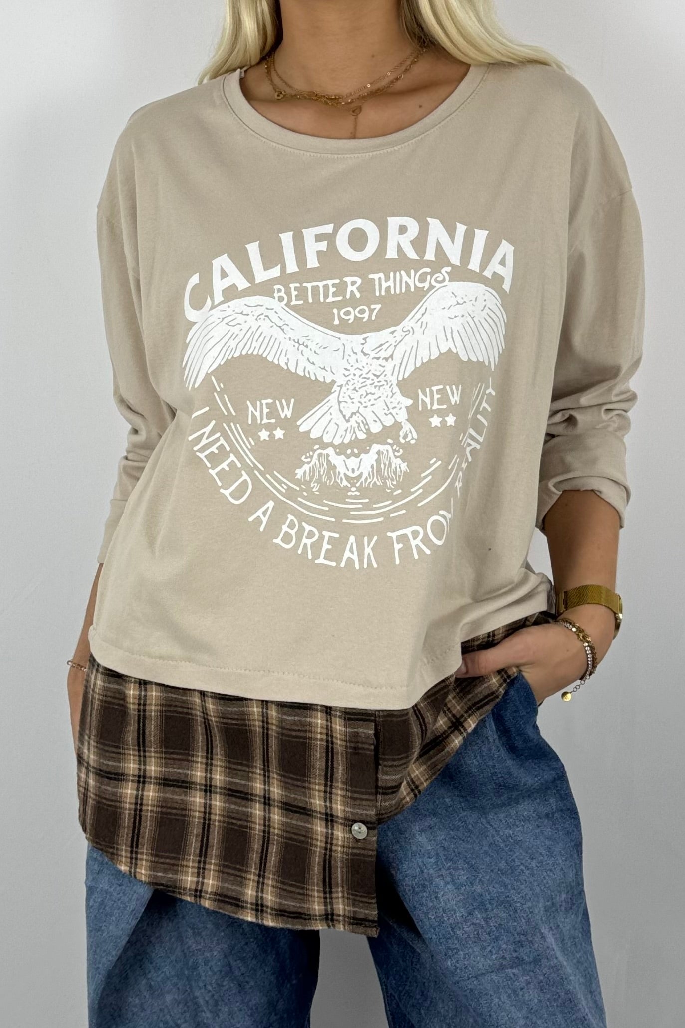 Damen Layering-Shirt „California“ – Karomuster-Look-Beige