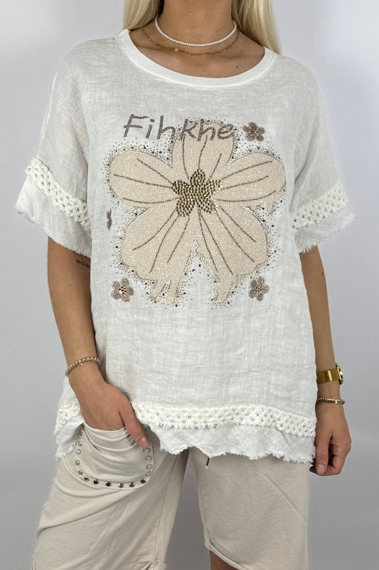 Leinen-Shirt mit Blumenprint & Häkel-Details-Weiß
