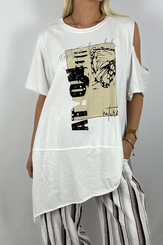 Asymmetrisches Shirt mit Print & Cut-Out-Details – modern und bequem-Weiß