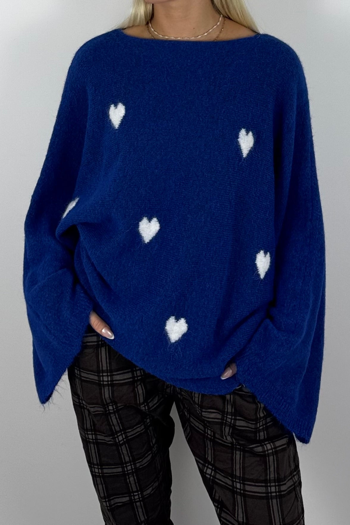 Damen Oversize-Strickpullover mit Herzmuster-Blau
