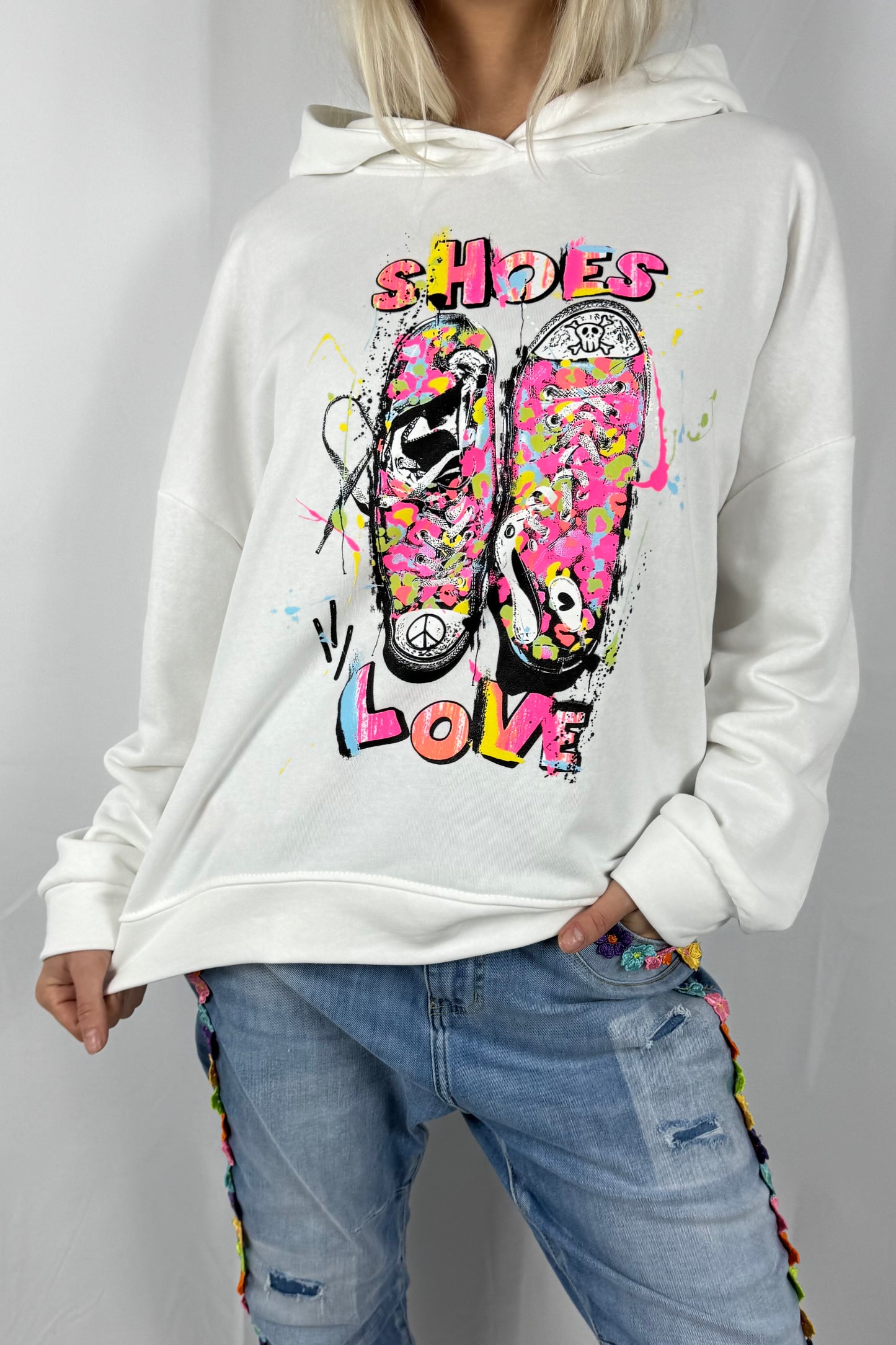 Damen Oversize Hoodie „Shoes Love“ –Weiß