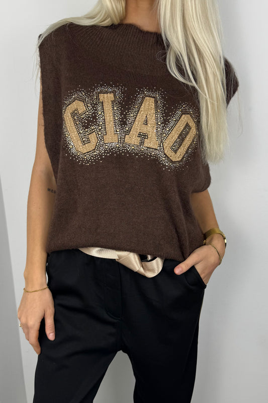 Pullover mit Strass-Schriftzug „CIAO“ –Choco