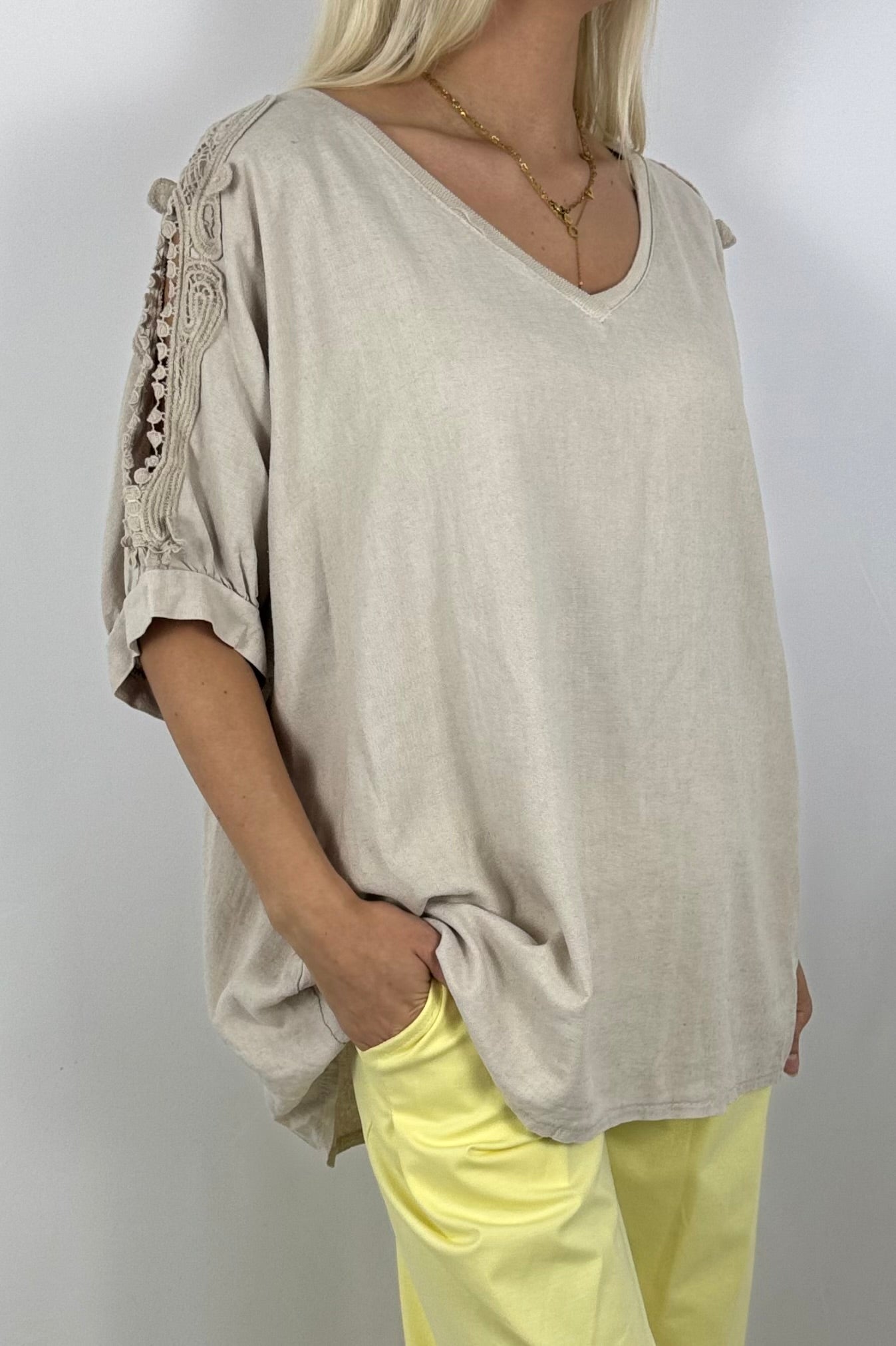 Leinen-Viscose Shirt mit Häkelspitze – luftig & feminin-Beige