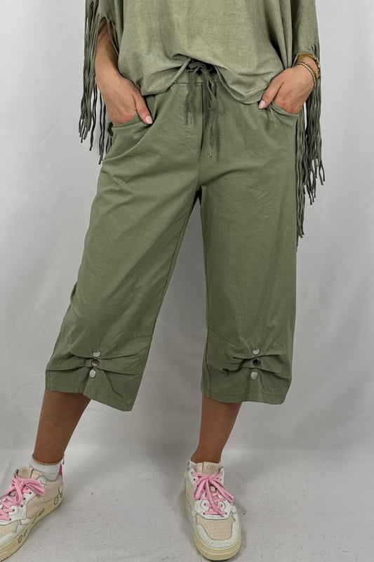 7/8-Hose mit Knopfdetail & Paperbag-Bund-Khaki