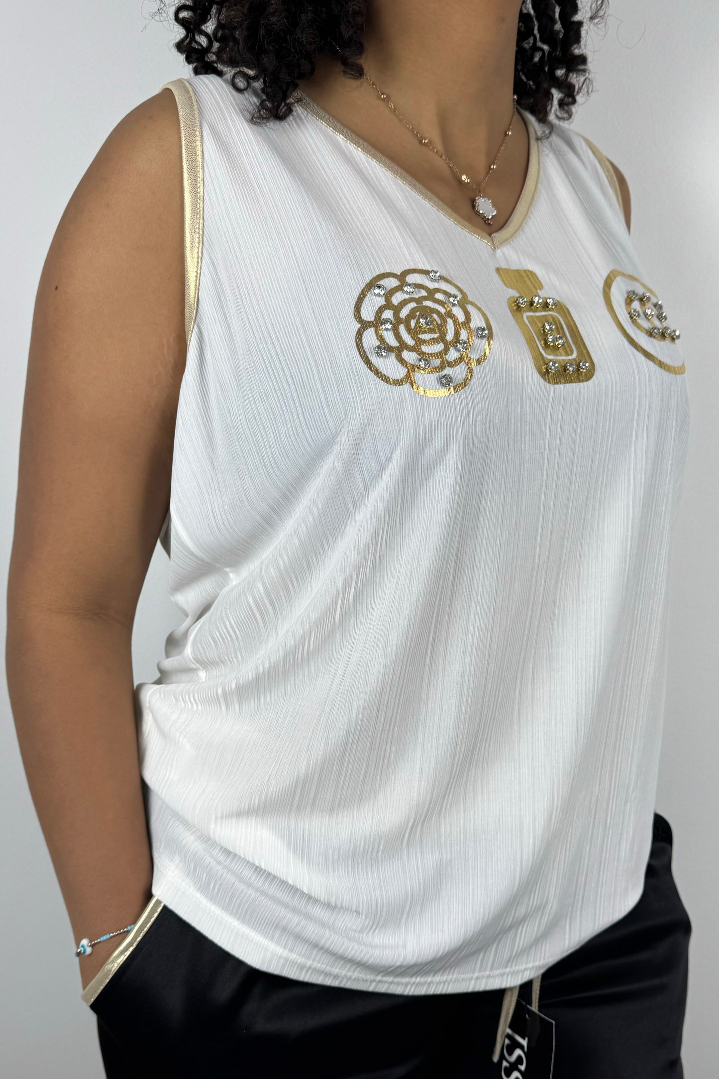Weißes Damen-Top mit Goldprint & Strass-Details