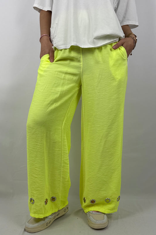 Damen Hose mit weitem Bein und Ösen Details - Neon gelb
