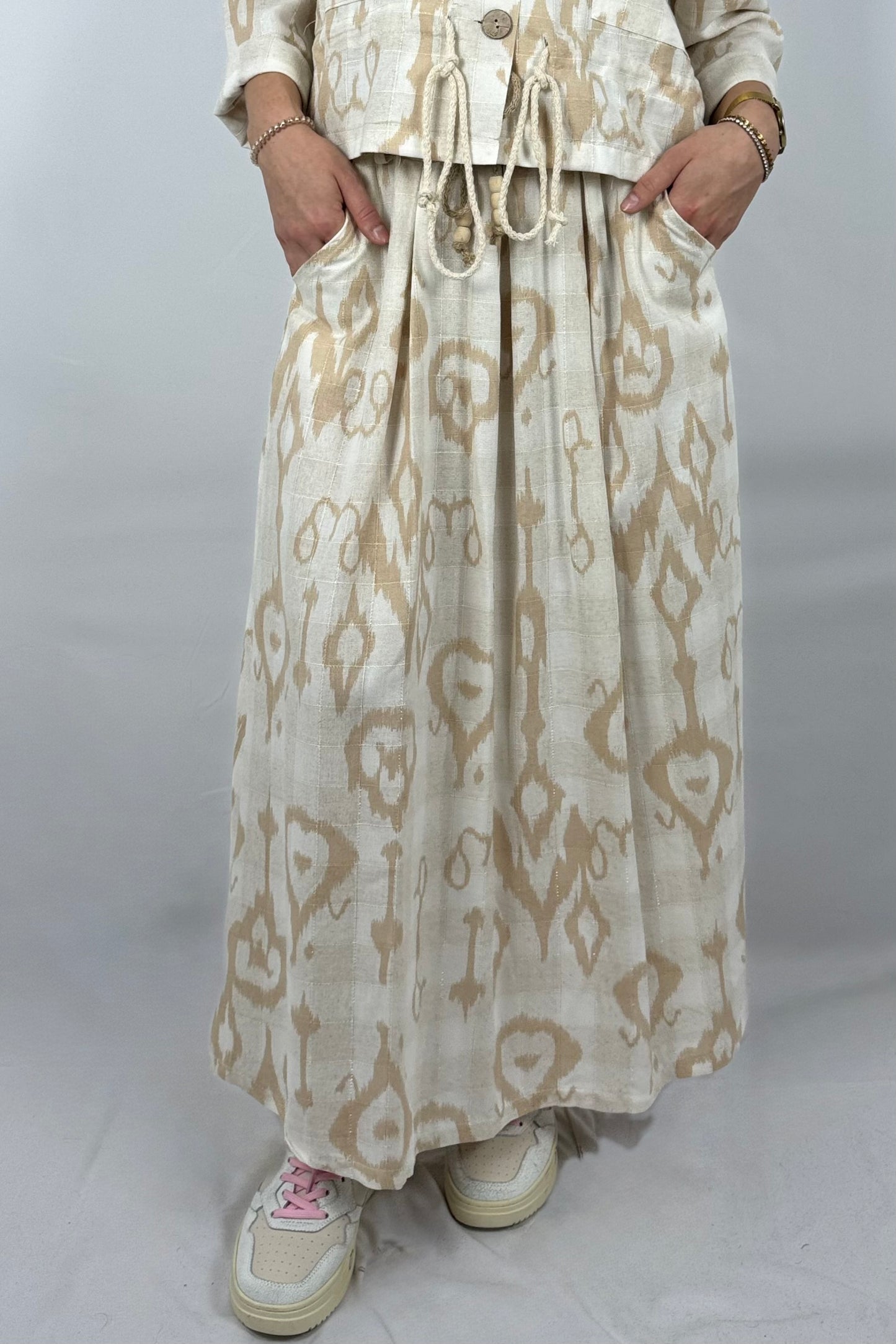 Boho Rock mit Print – Leinen/Viskose-Beige