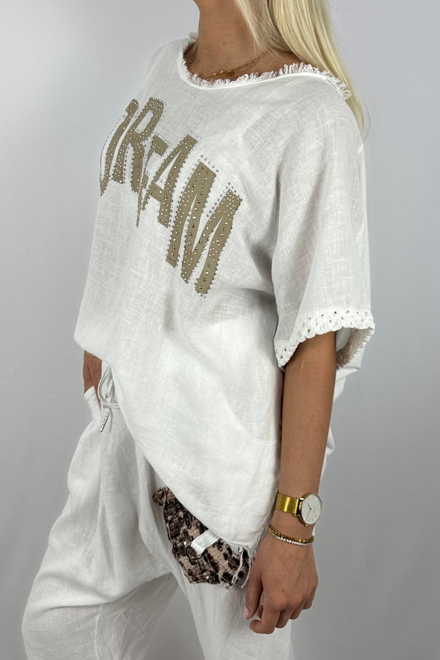 Leinen-Shirt „DREAM“ mit Strassdetails-Weiß