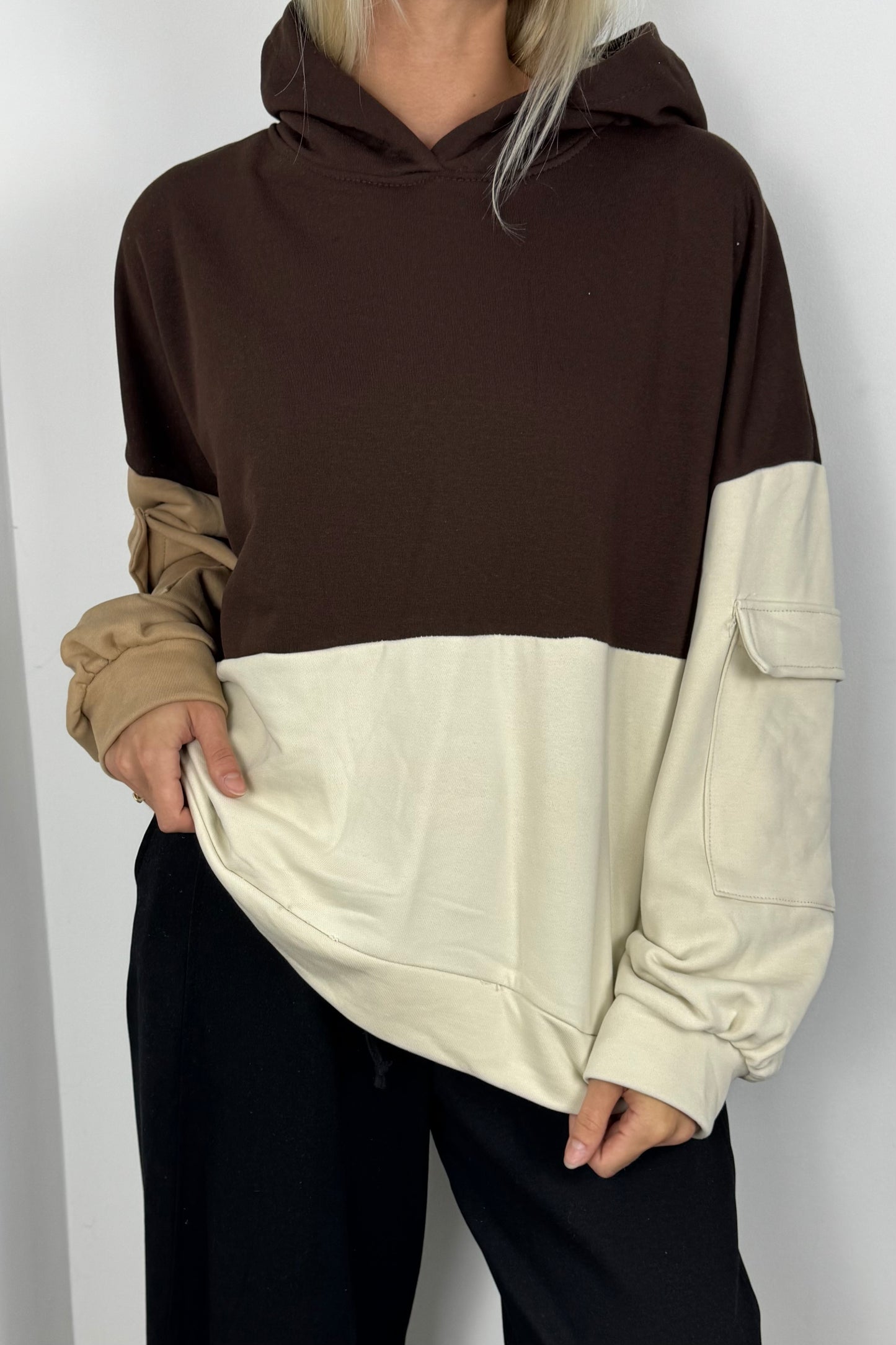 Oversize Damen Hoodie mit Farb-Block Design-Choco