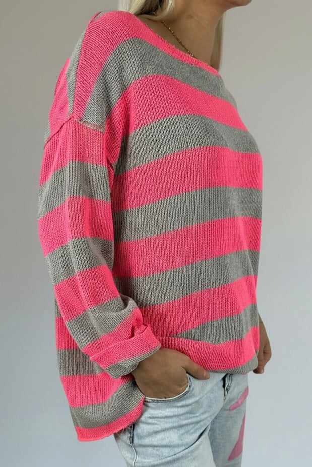 Gestreiftes Shirt mit Rundhalsausschnitt-Grau