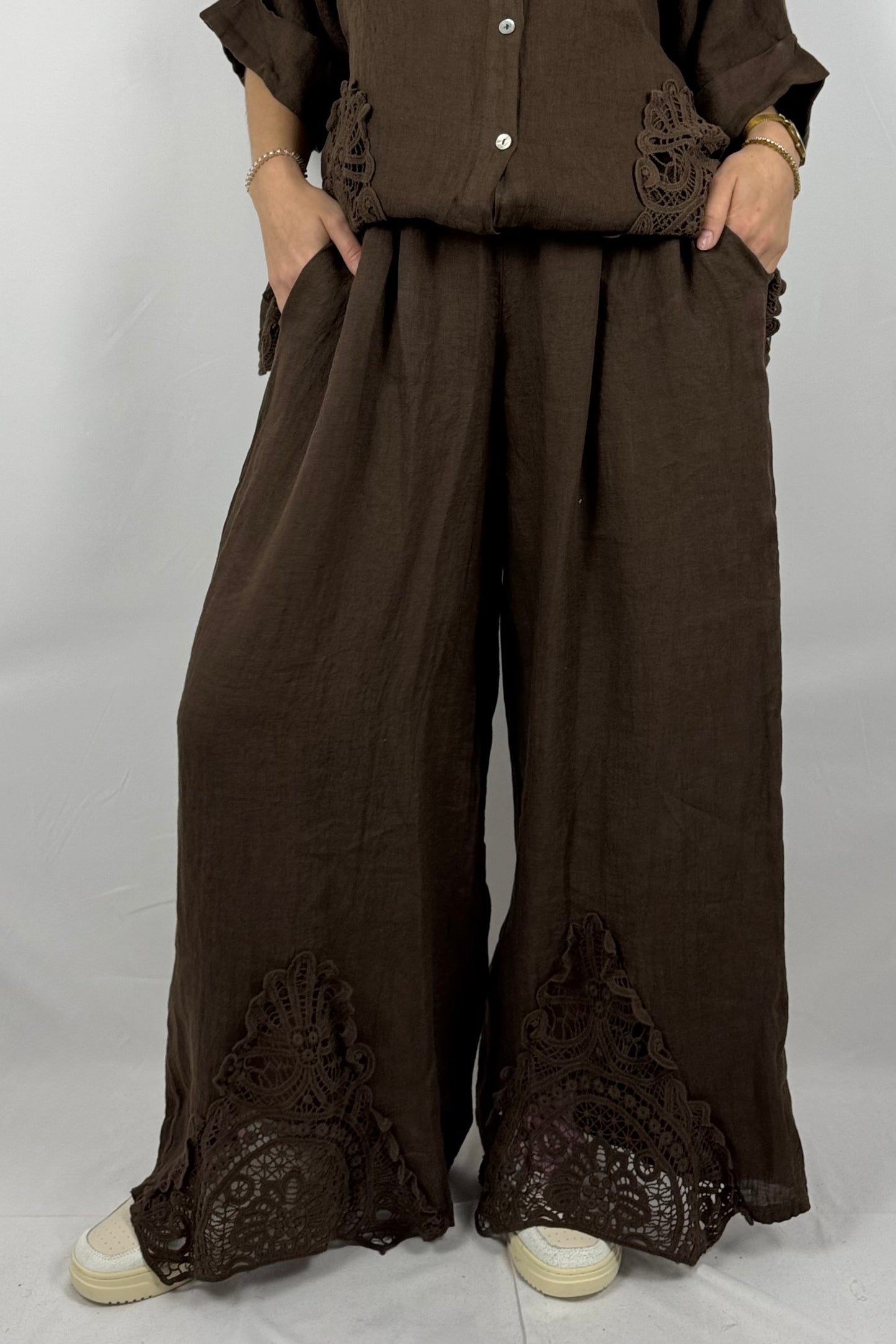 Leinen Hose mit Spitze – Luftiger Oversize Fit-Choco
