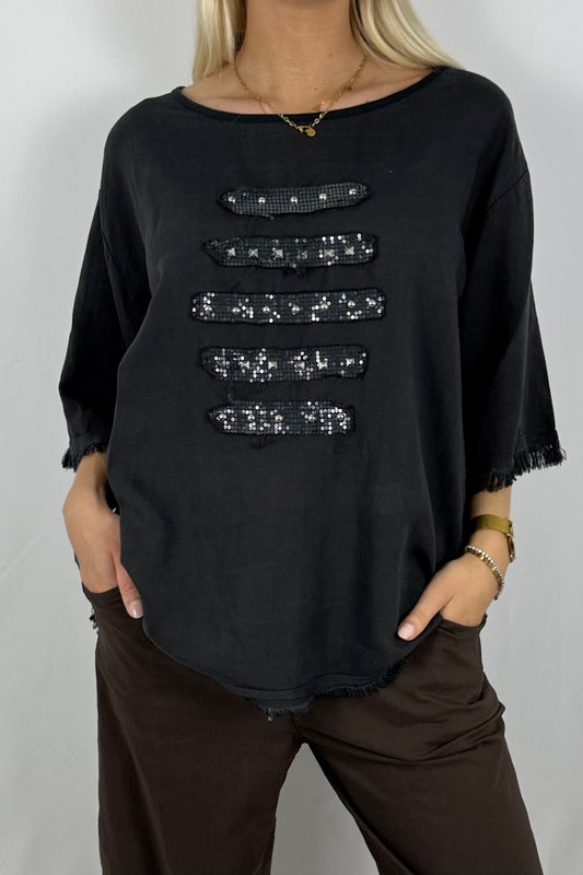 Leinen-Shirt mit Fransen & Nieten-Details-Schwarz