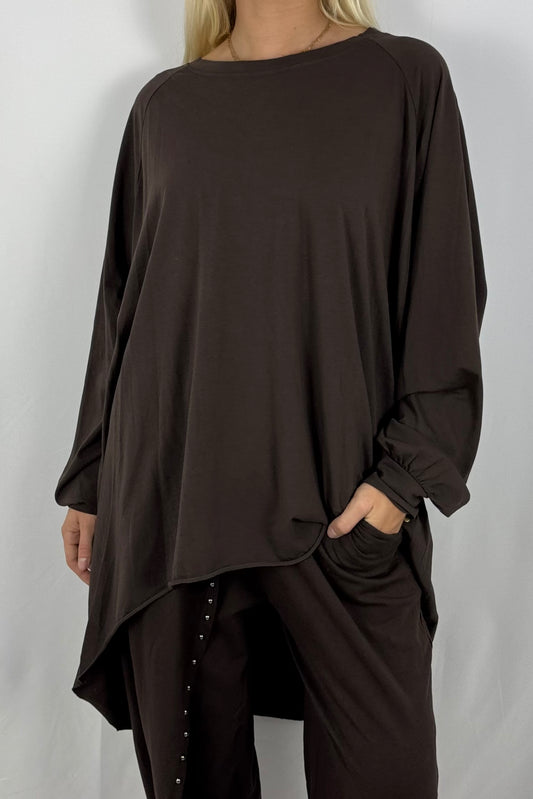 Oversize-Shirt „STYLE“ mit Leo-Print auf dem Rücken-Schoko