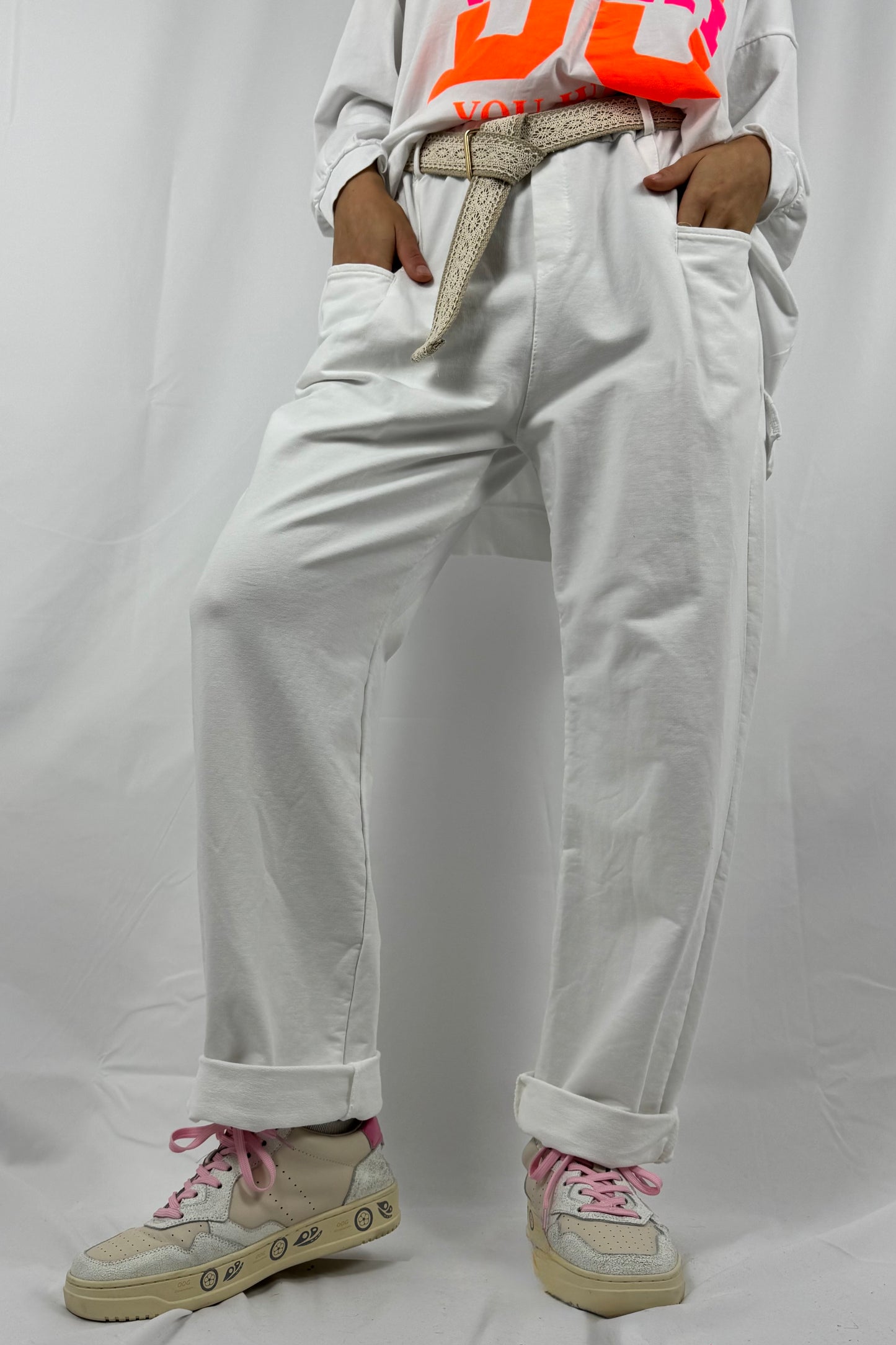 Hose mit Bindegürtel & lockerer Passform-Weiß