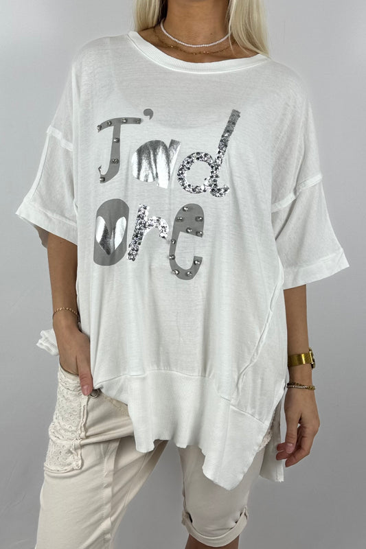 Oversize-Shirt „J’adore“ mit Glitzer-Print-Weiß