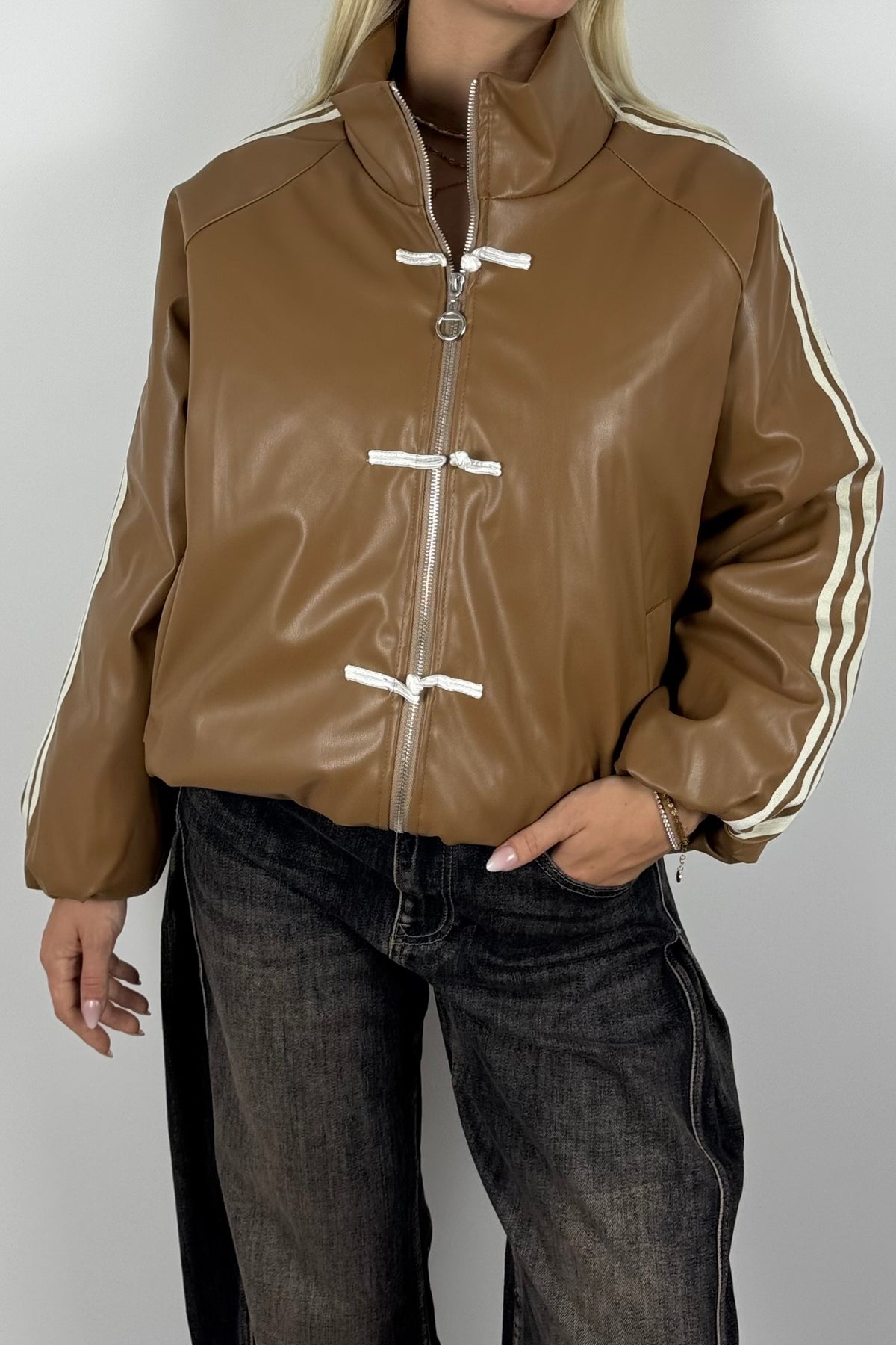 Damen Kunstlederjacke mit Streifen & Zierdetails –mud