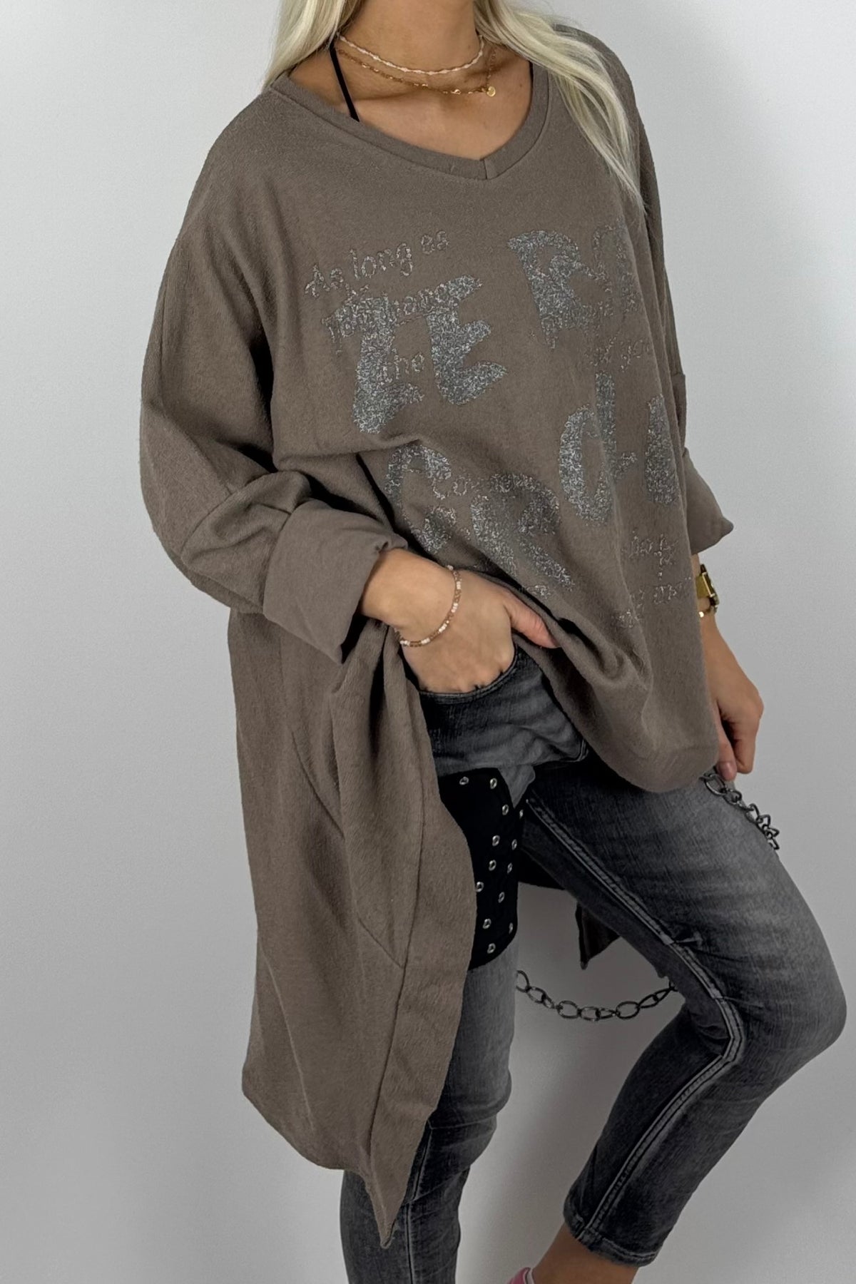 Damen-Sweatshirt mit V-Ausschnitt und Glitzerprint-Mud