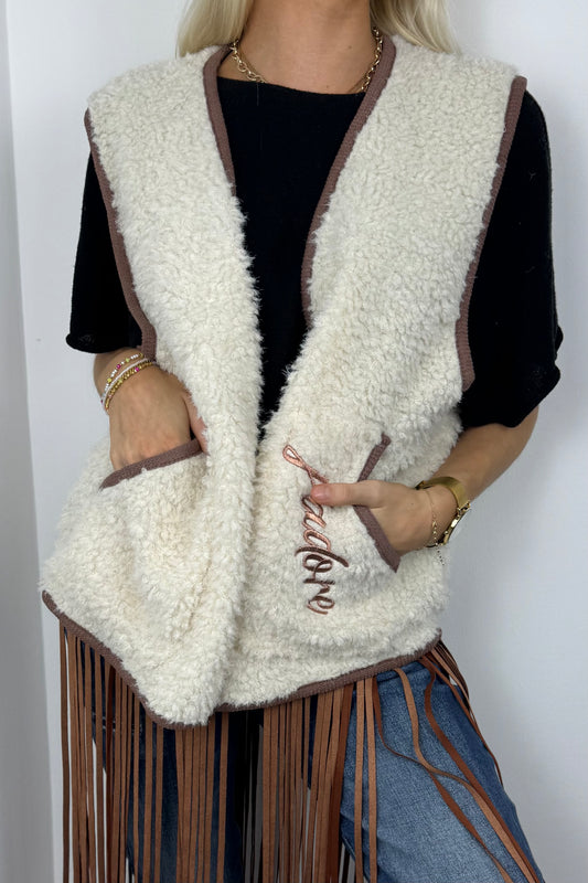Flauschige Weste mit Stickerei –White