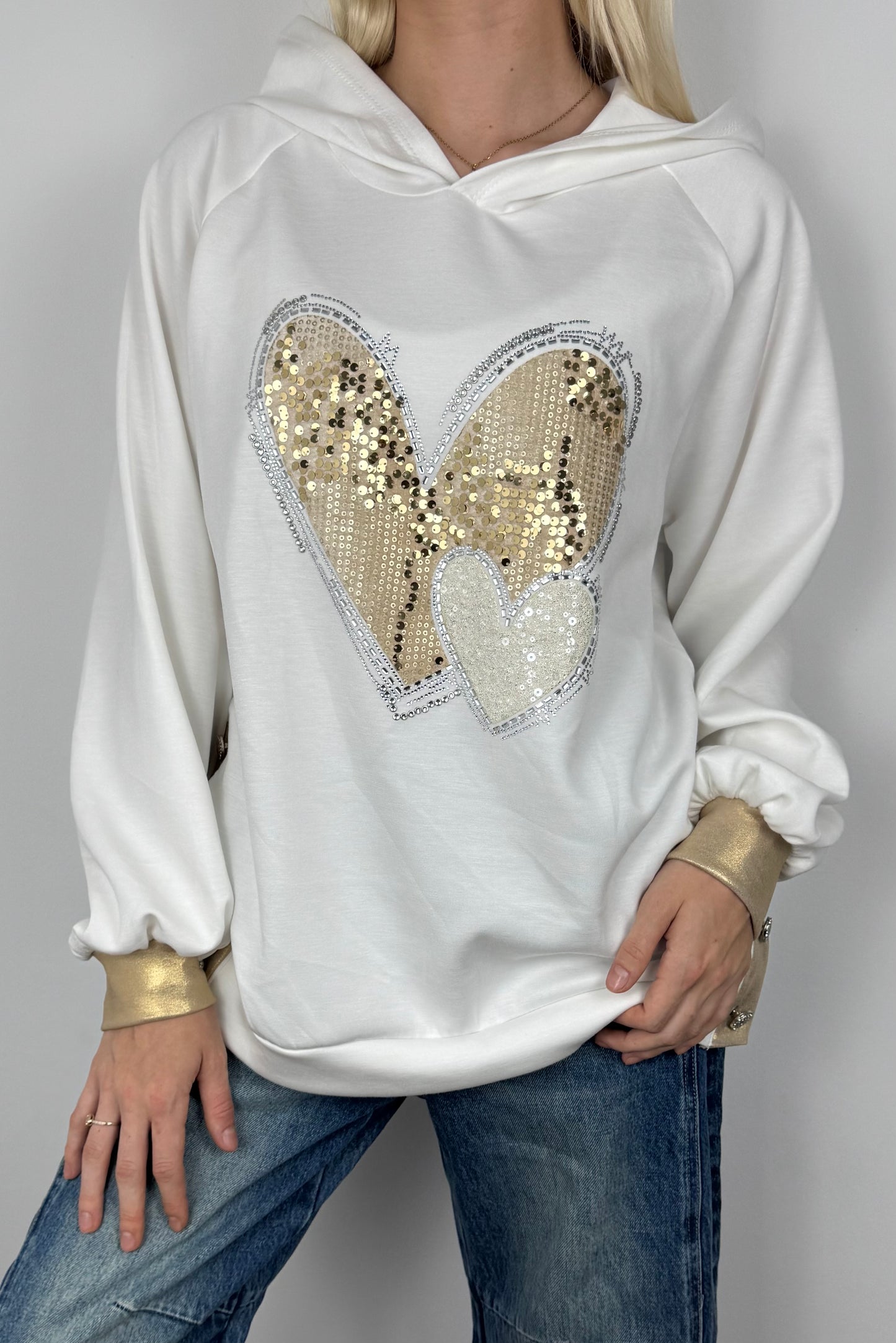 Hoodie mit Herz-Applikation und Glitzer-Details-Weiß