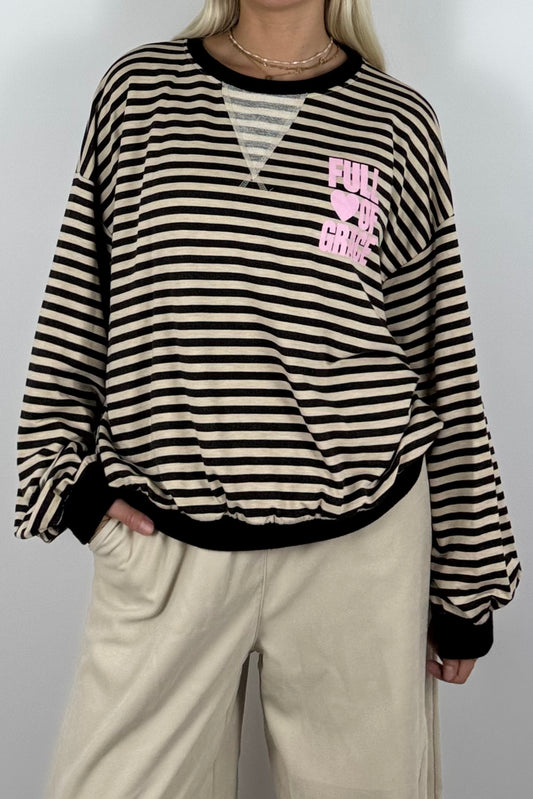 Oversize Streifen-Shirt mit „Full of Grace“-Beige