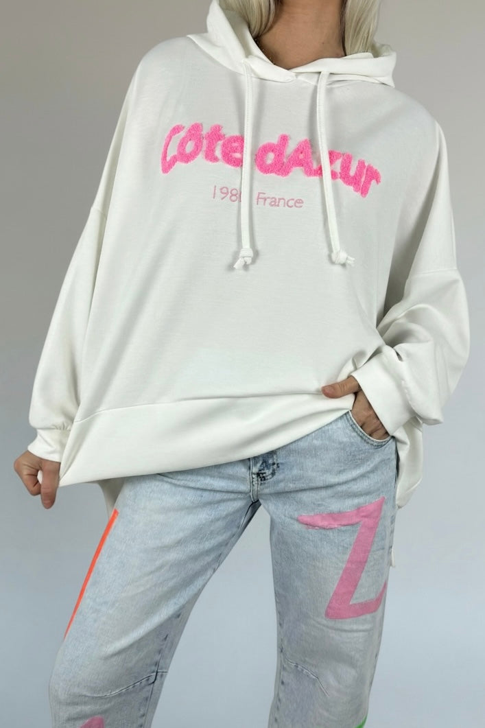 Oversize Hoodie mit Schriftzug „Côte d’Azur“-Weiß