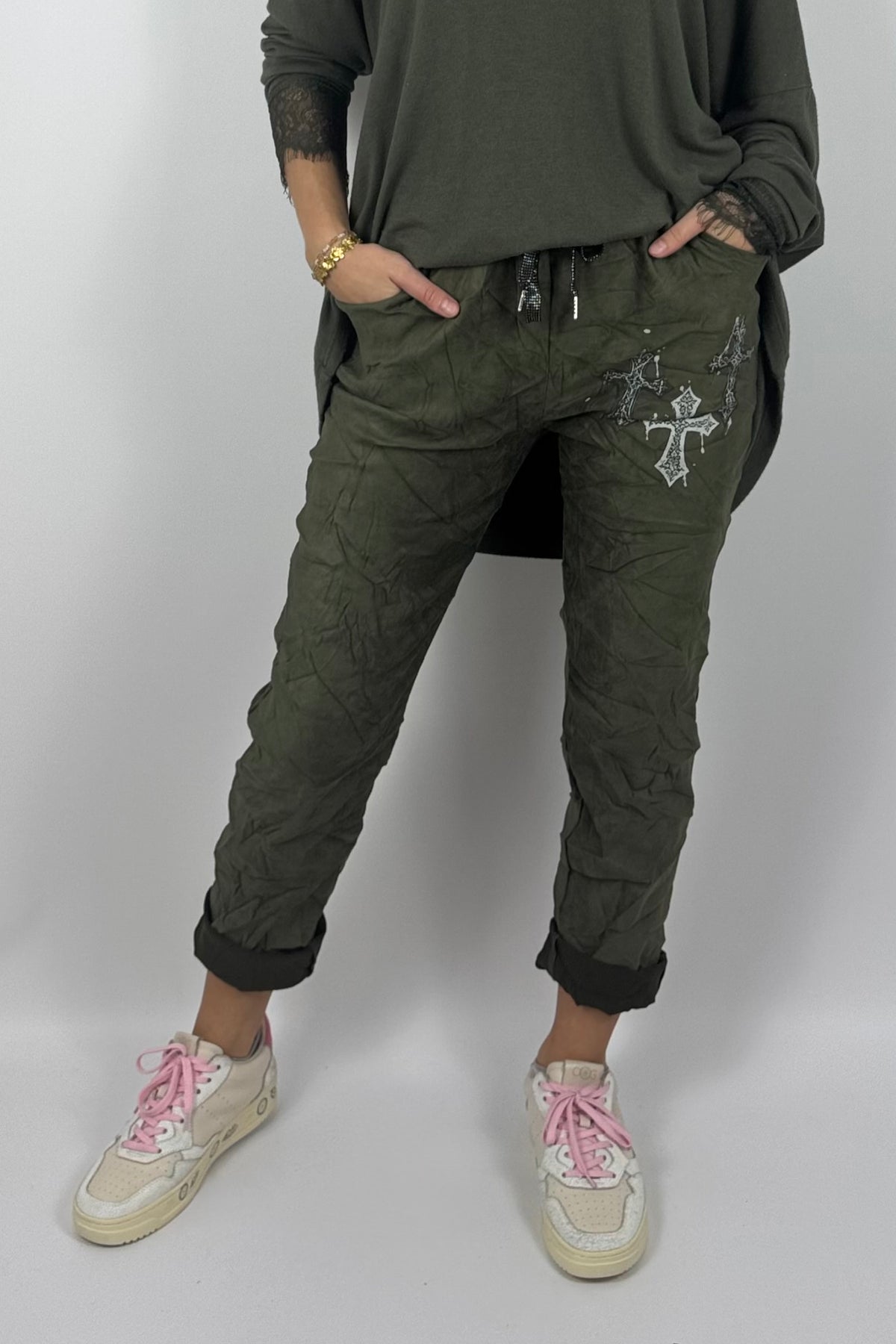 Damen Hose mit Kreuz-Details –Khaki
