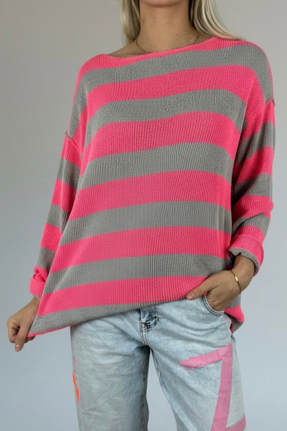 Gestreiftes Shirt mit Rundhalsausschnitt-Grau