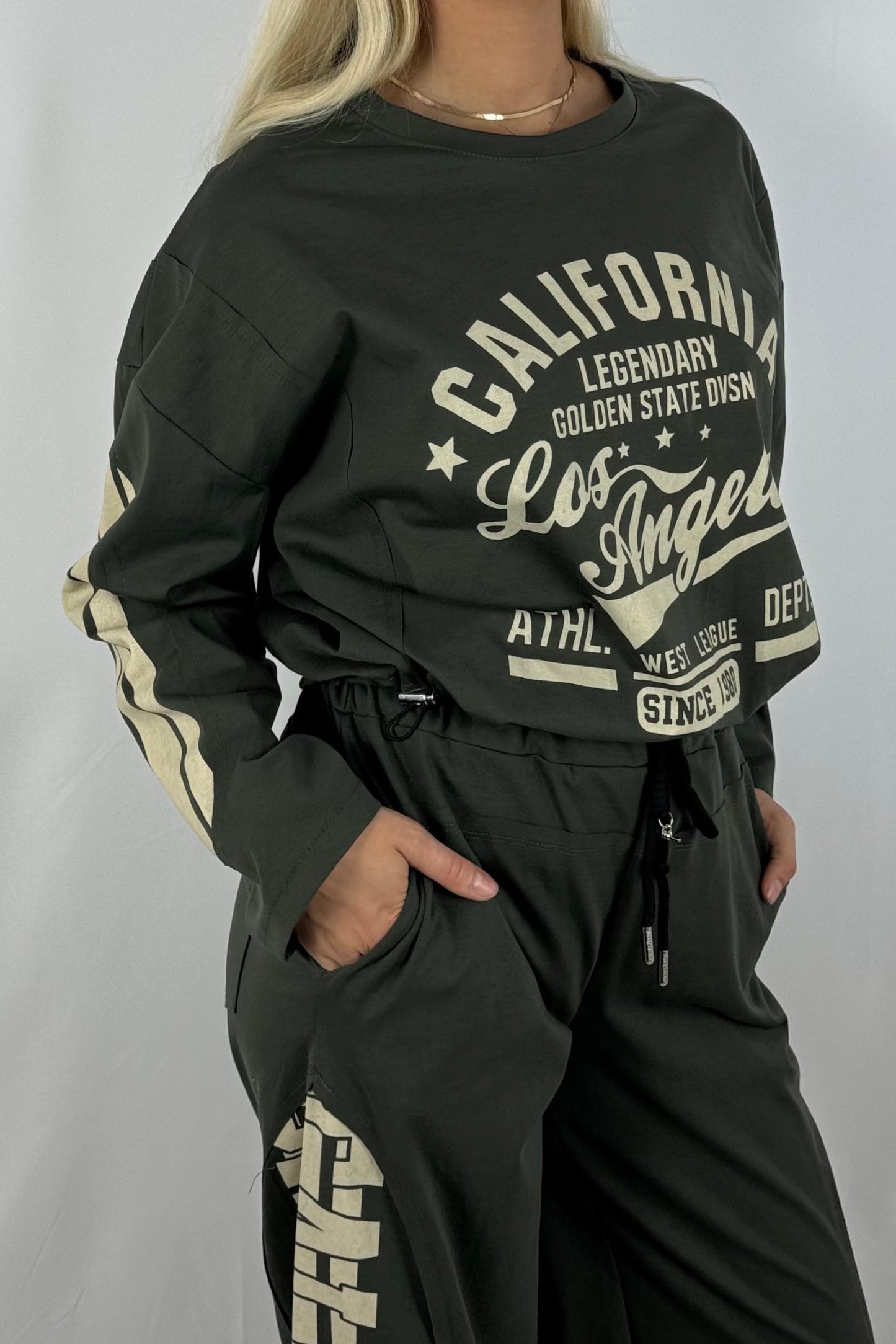 Damen Sweatshirt – California Los Angeles Print-Khaki