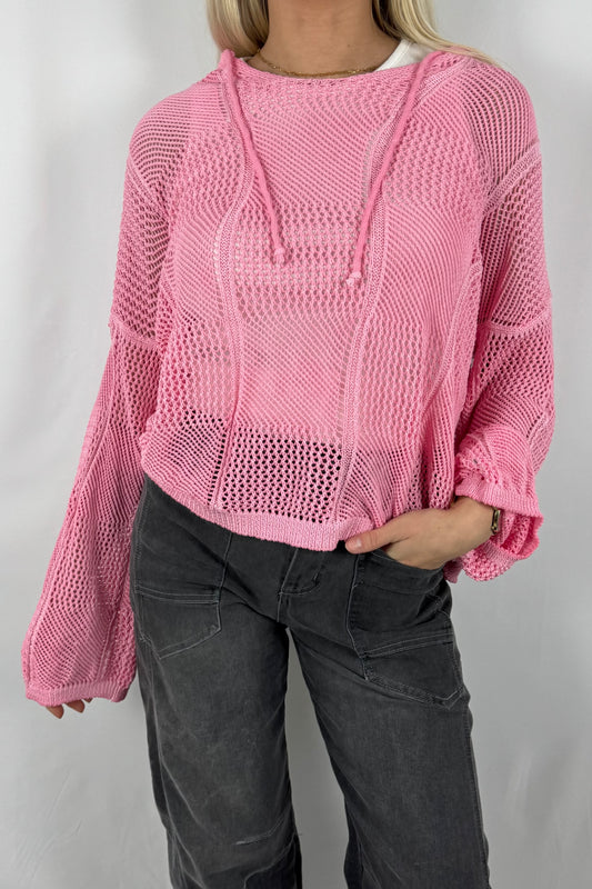 Damen Strick Sweatshirt mit Netzstruktur-rosa