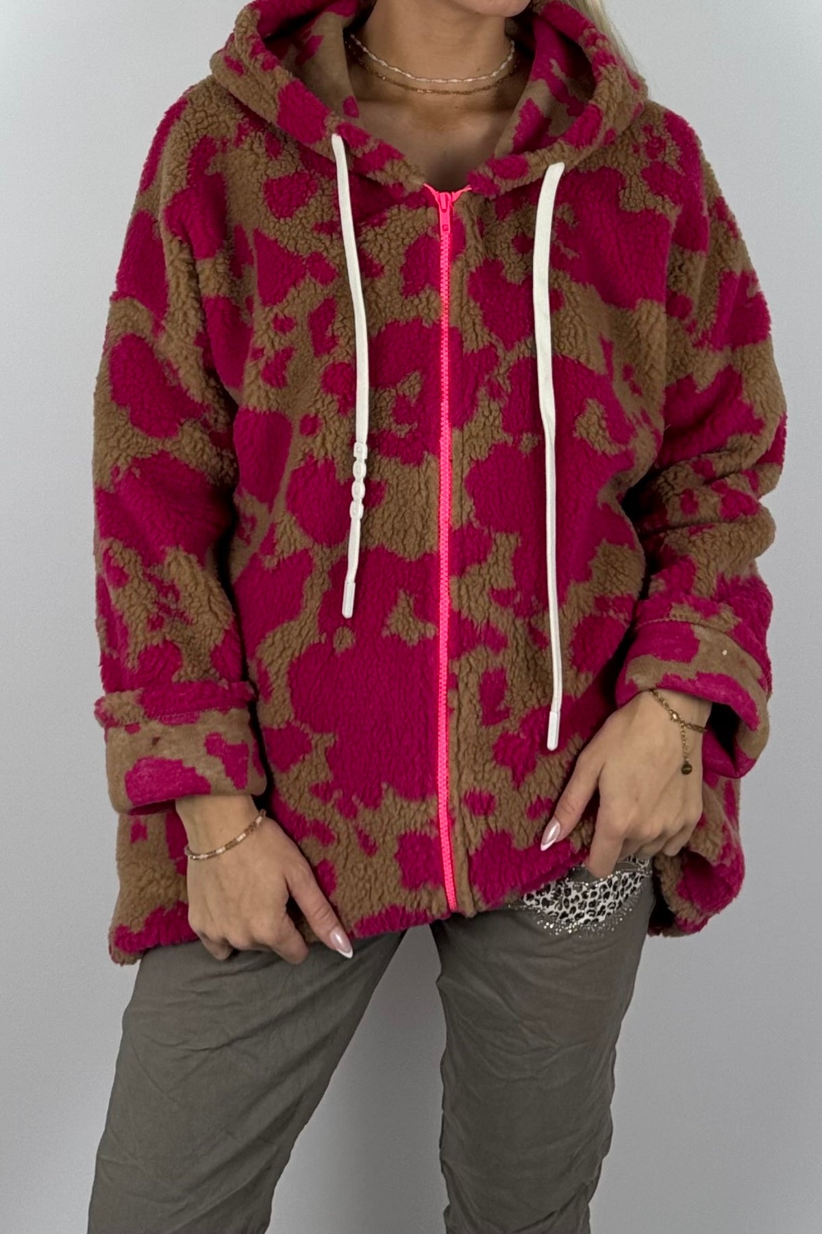Damen Teddyjacke mit Kapuze-Pink