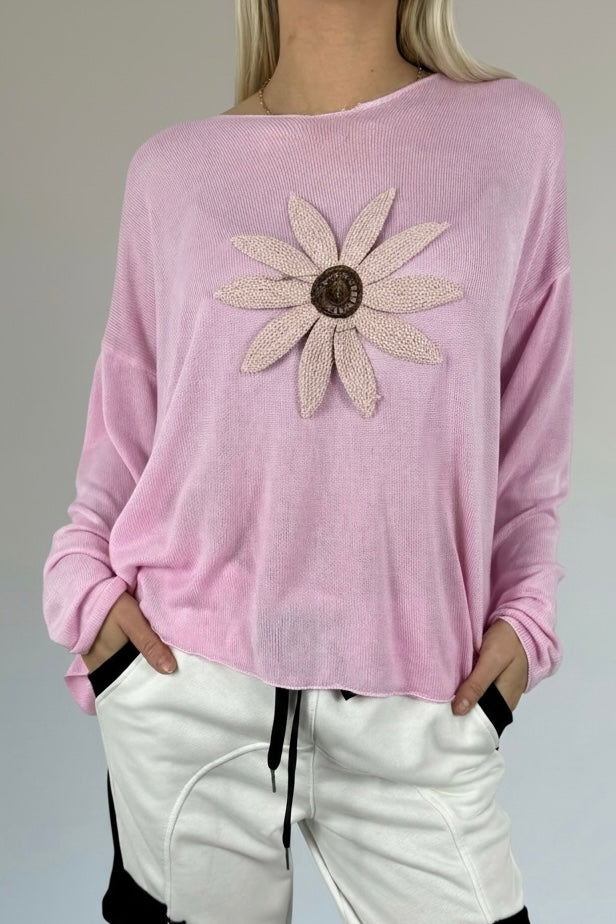 Shirt mit V-Ausschnitt & floraler Applikation-Rosa