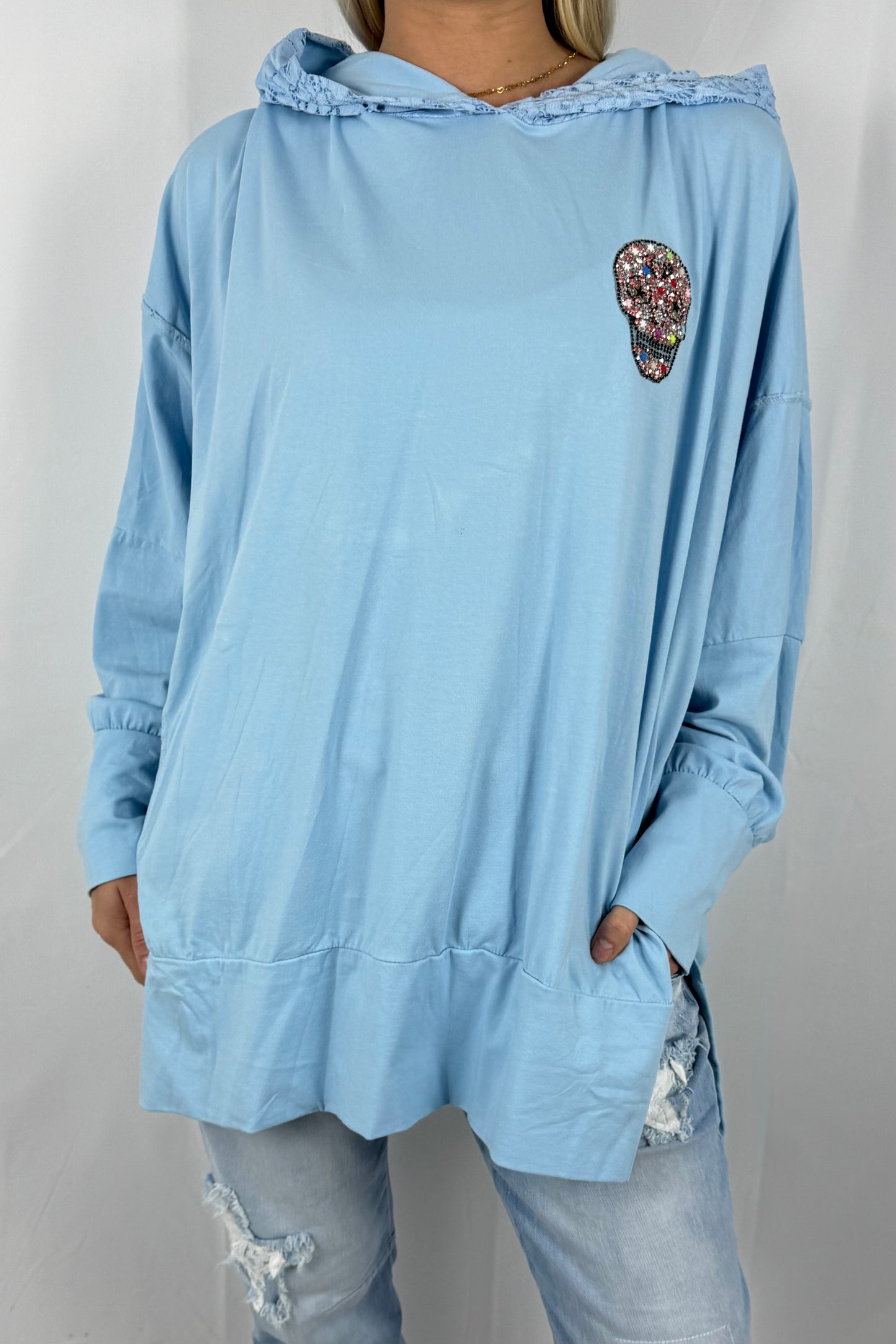 Damen Hoodie mit Strass Totenkopf-Hellblau