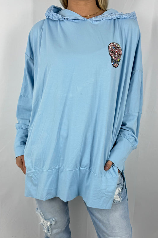 Damen Hoodie mit Strass Totenkopf-Hellblau