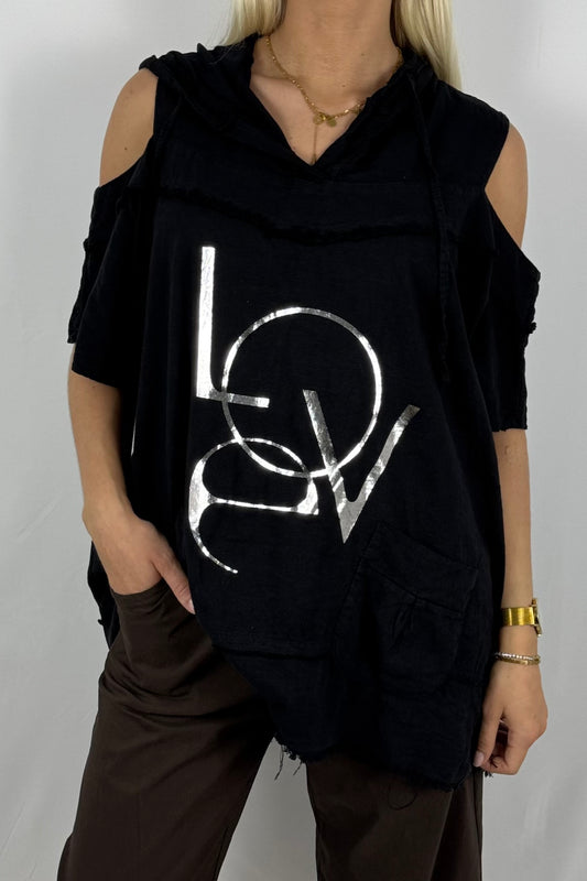 Leinen-Top mit Kapuze & LOVE-Print-Schwarz