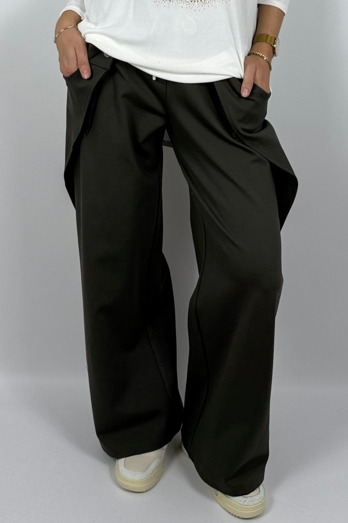 Damen Wide-Leg Hose mit Statement-Taschen – Khaki