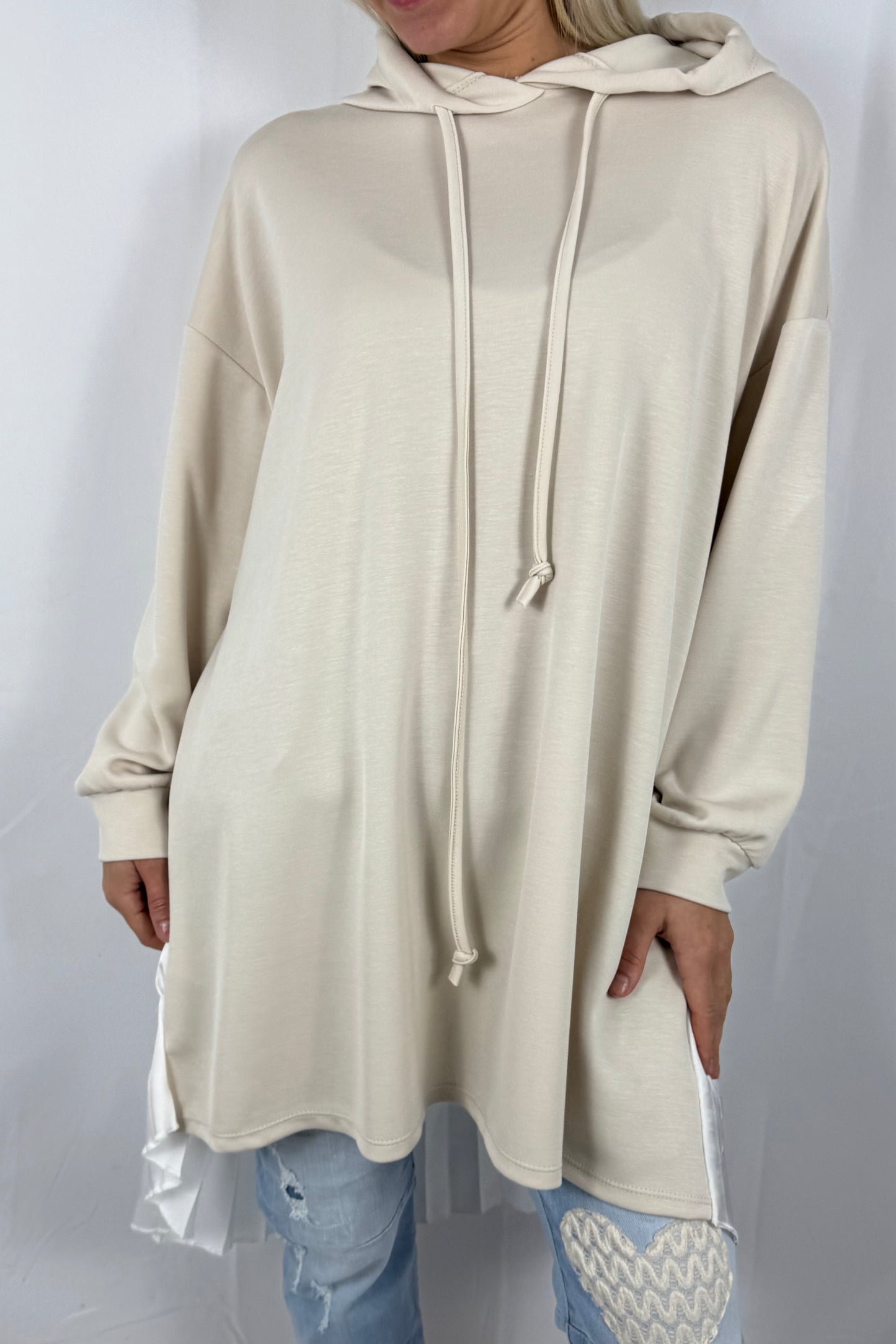 Damen Hoodie mit Plissee Einsatz-Beige