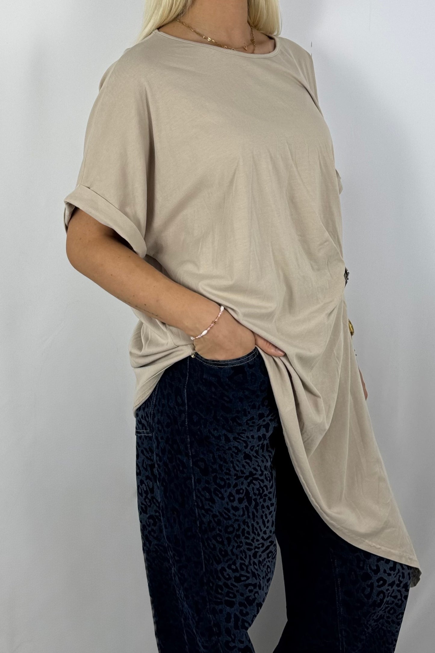 Damen Longshirt mit Schnalle – Oversize-Beige