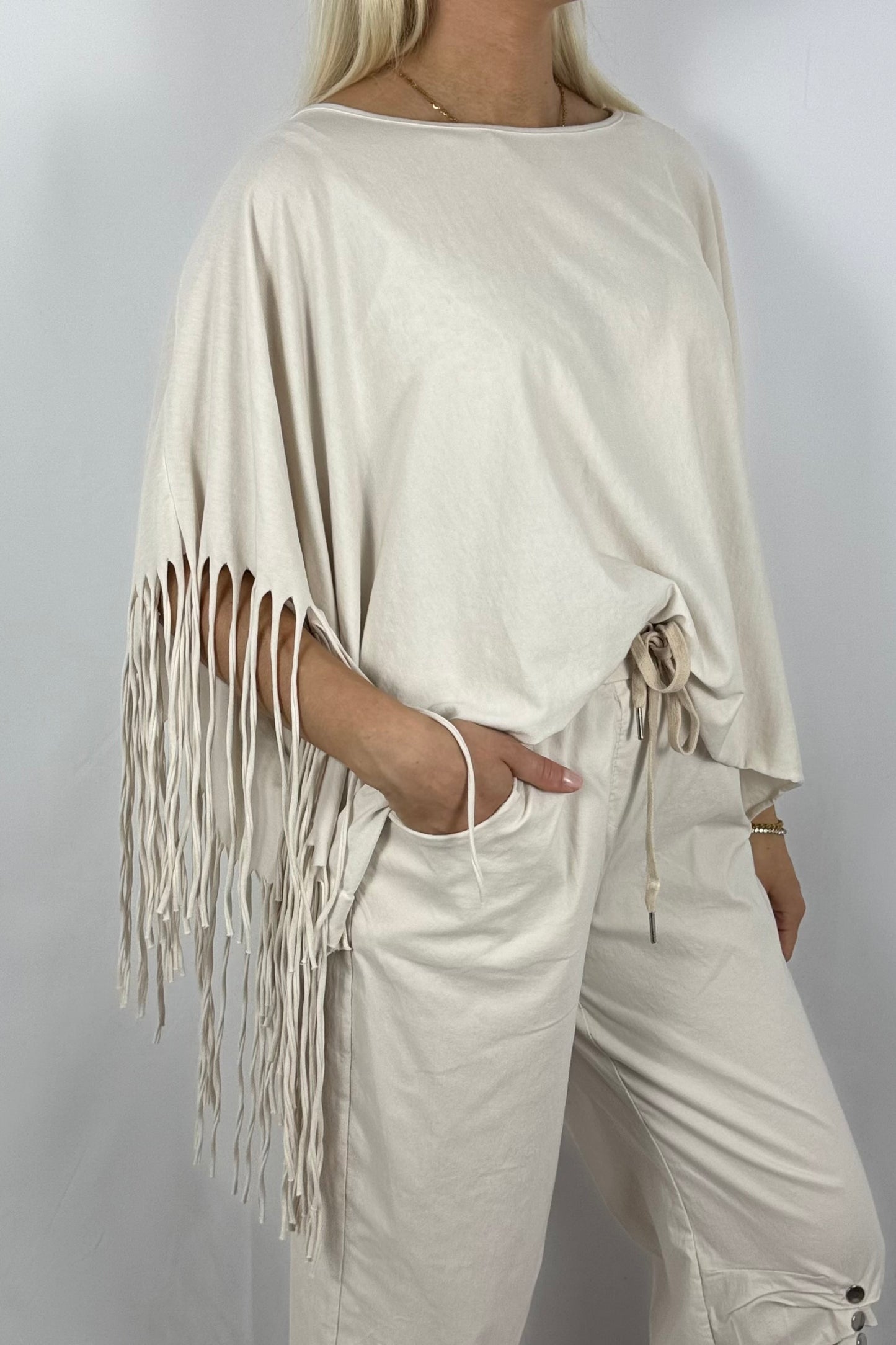 Fransen-Shirt aus Baumwollmix-Beige