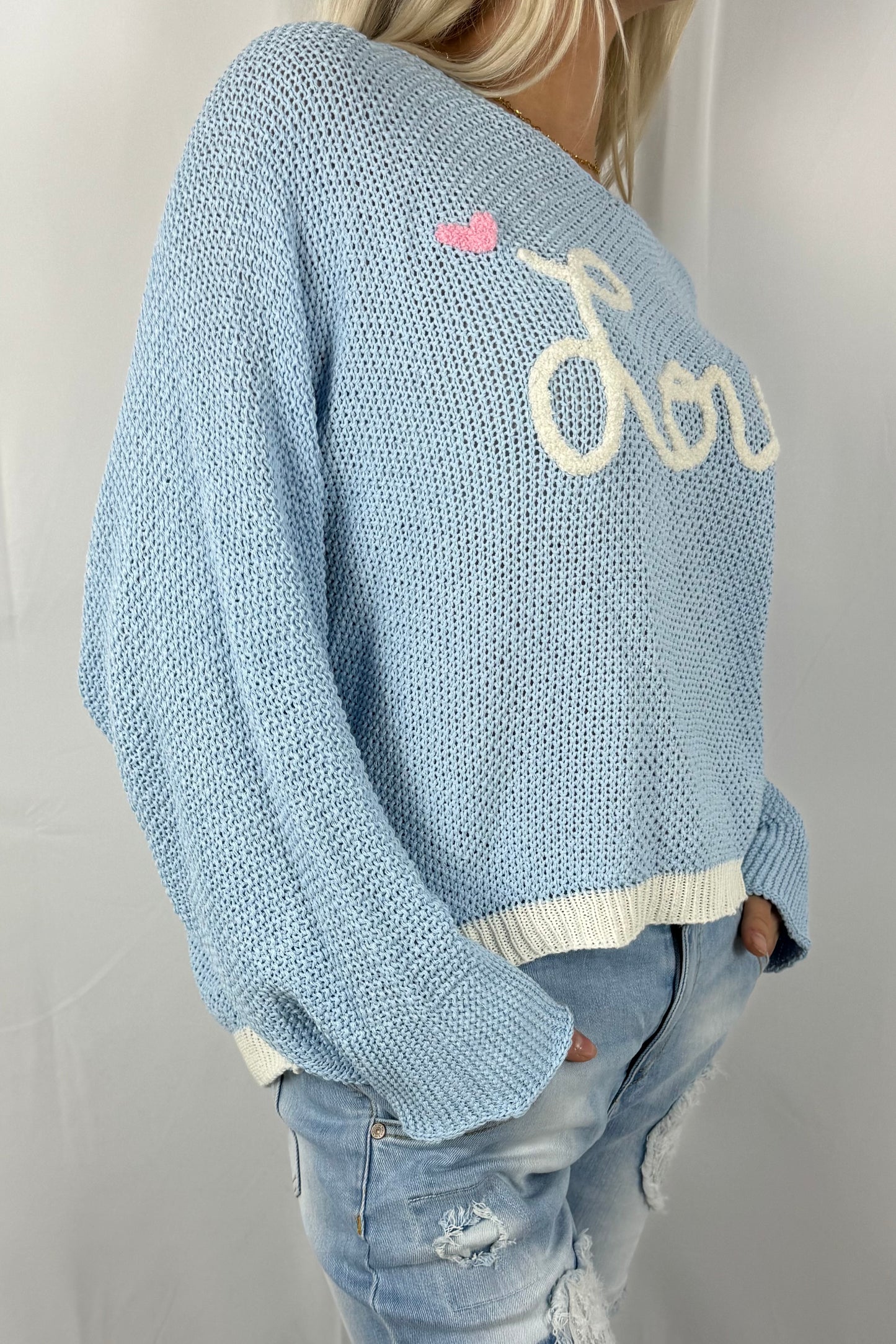 Damen Strickpullover „Love“ Oversize-Hellblau