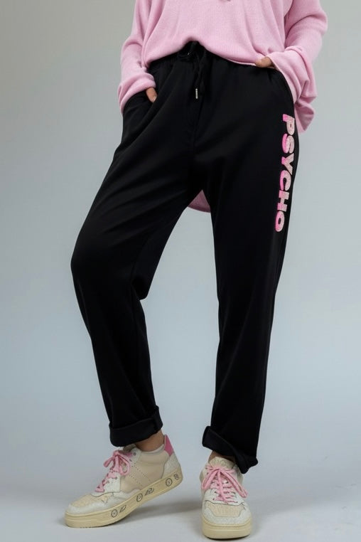 Hose mit elastischem Bund & Schriftzug „PSYCHO“-Schwarz