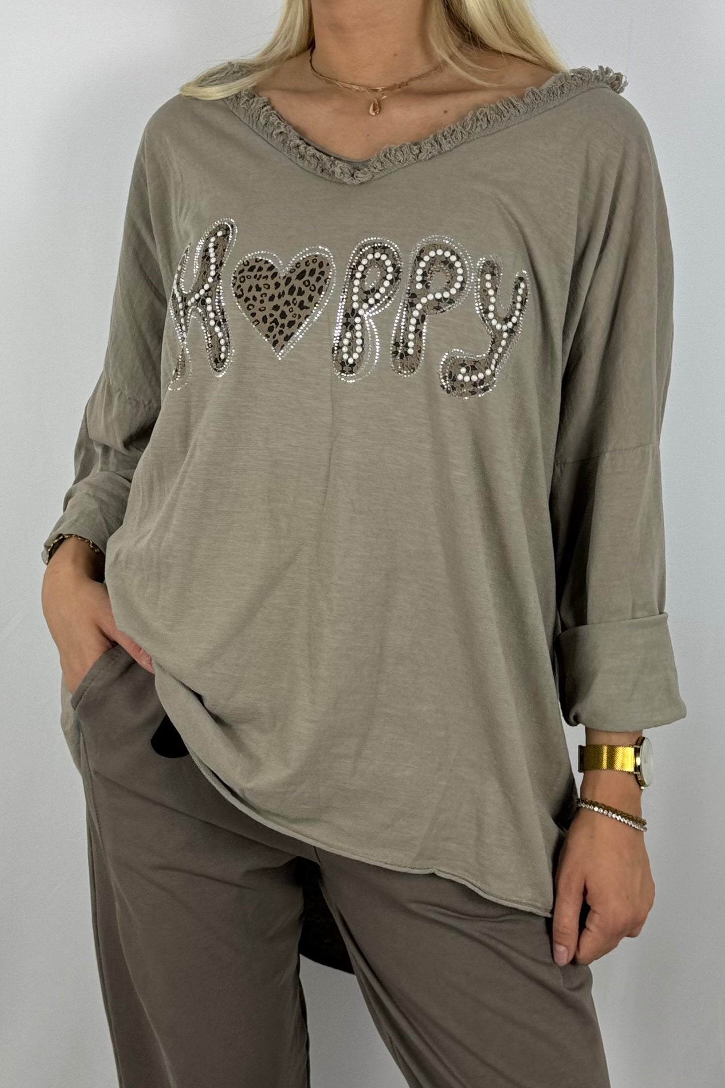 Damen Oversize Shirt – Happy Print-Mud