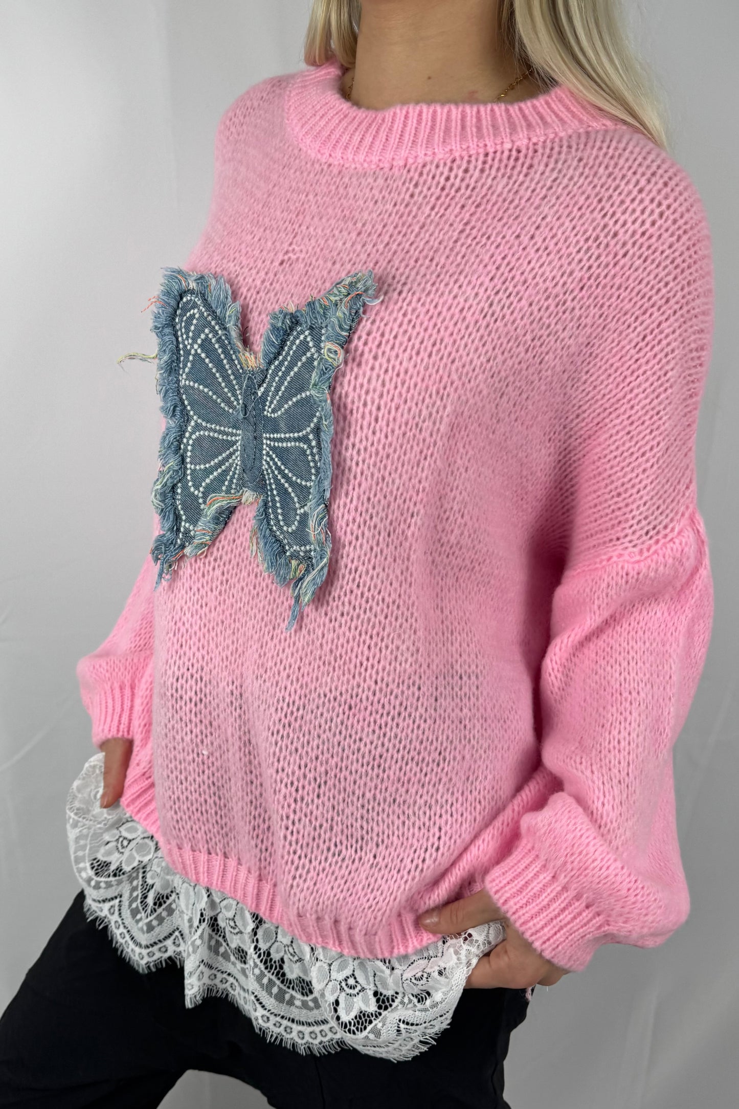 Strick Shirt mit Schmetterlings-Applikation & Spitzenabschluss-Rosa