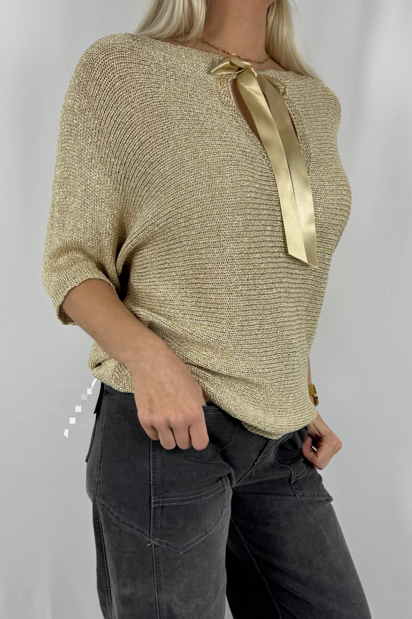 Damen Strick Shirt mit Schleifen Detail-gold