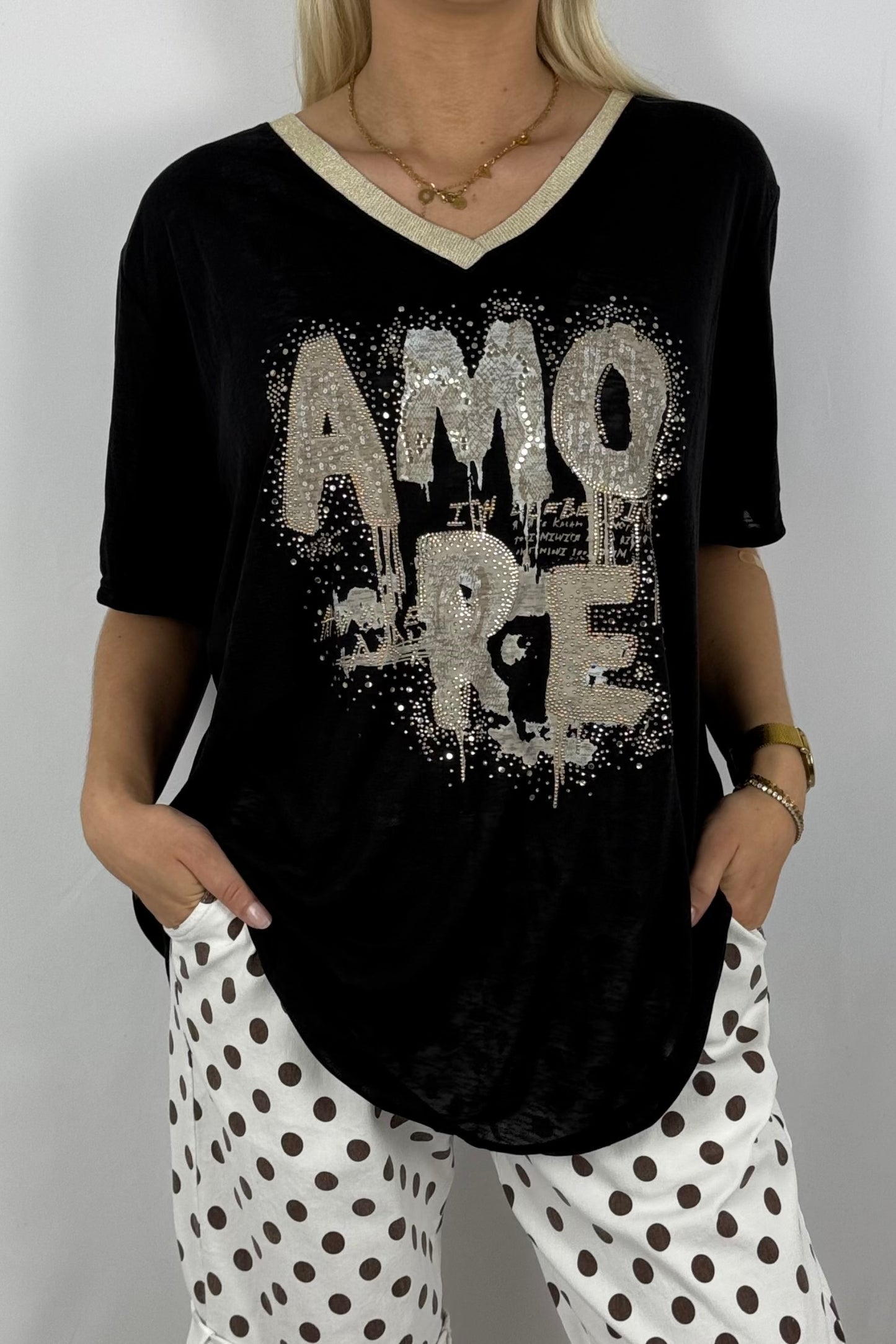 Shirt „AMORE“ mit Glitzer-Print-Schwarz
