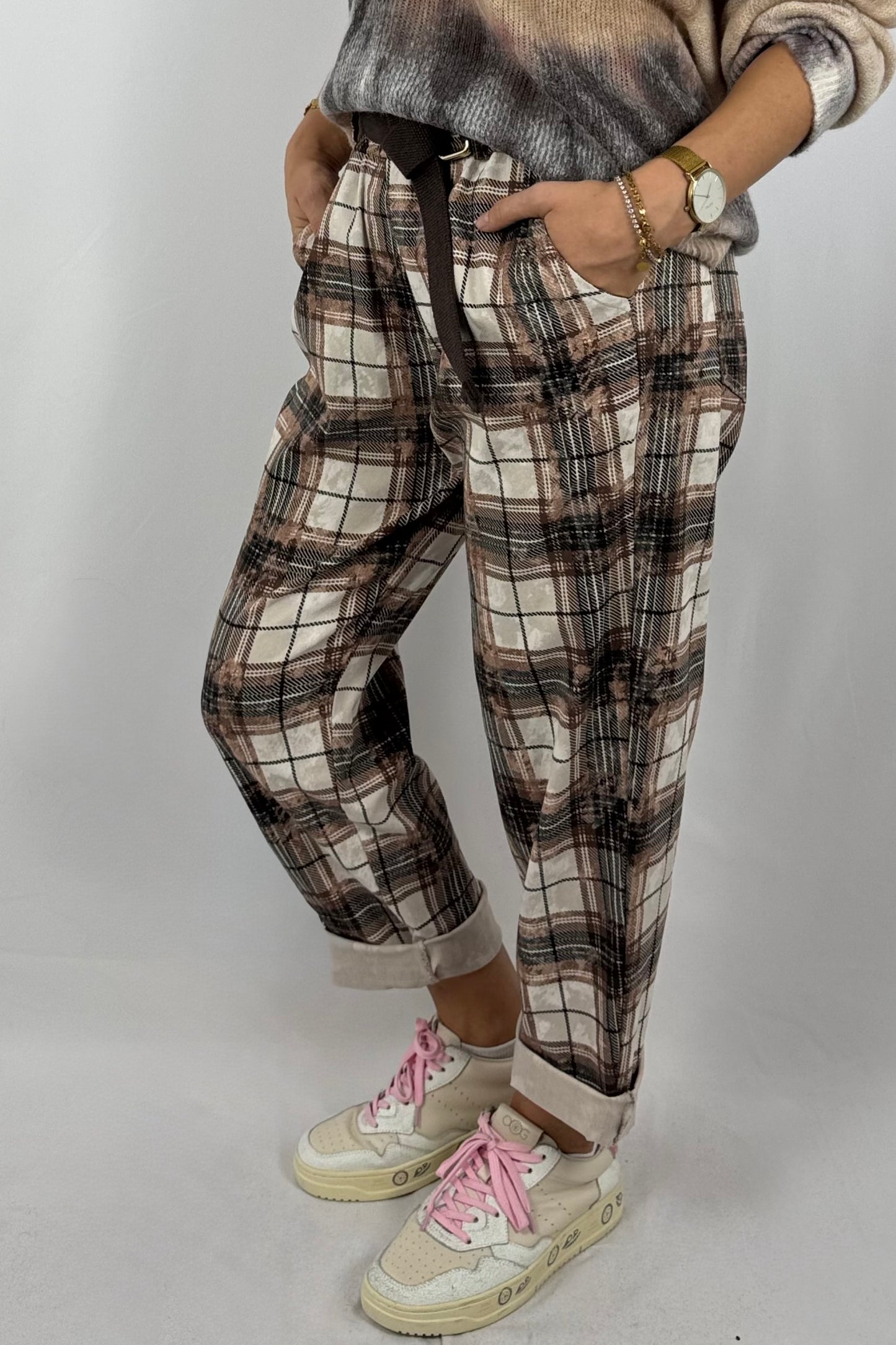 Damen Hose – Karomuster mit Gürtel-Schoko