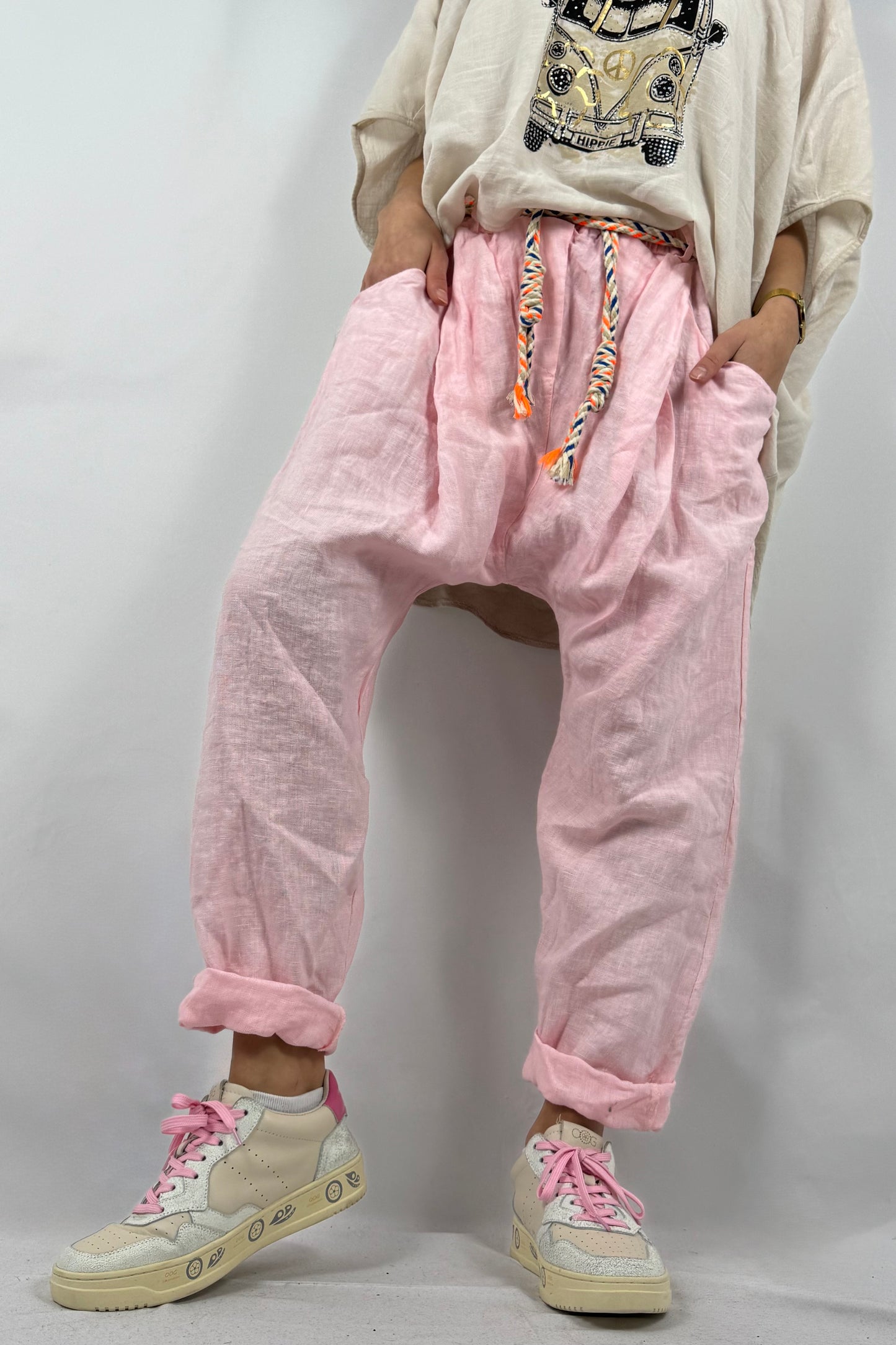 Damen Leinenhose mit Flechtgürtel-Rosa