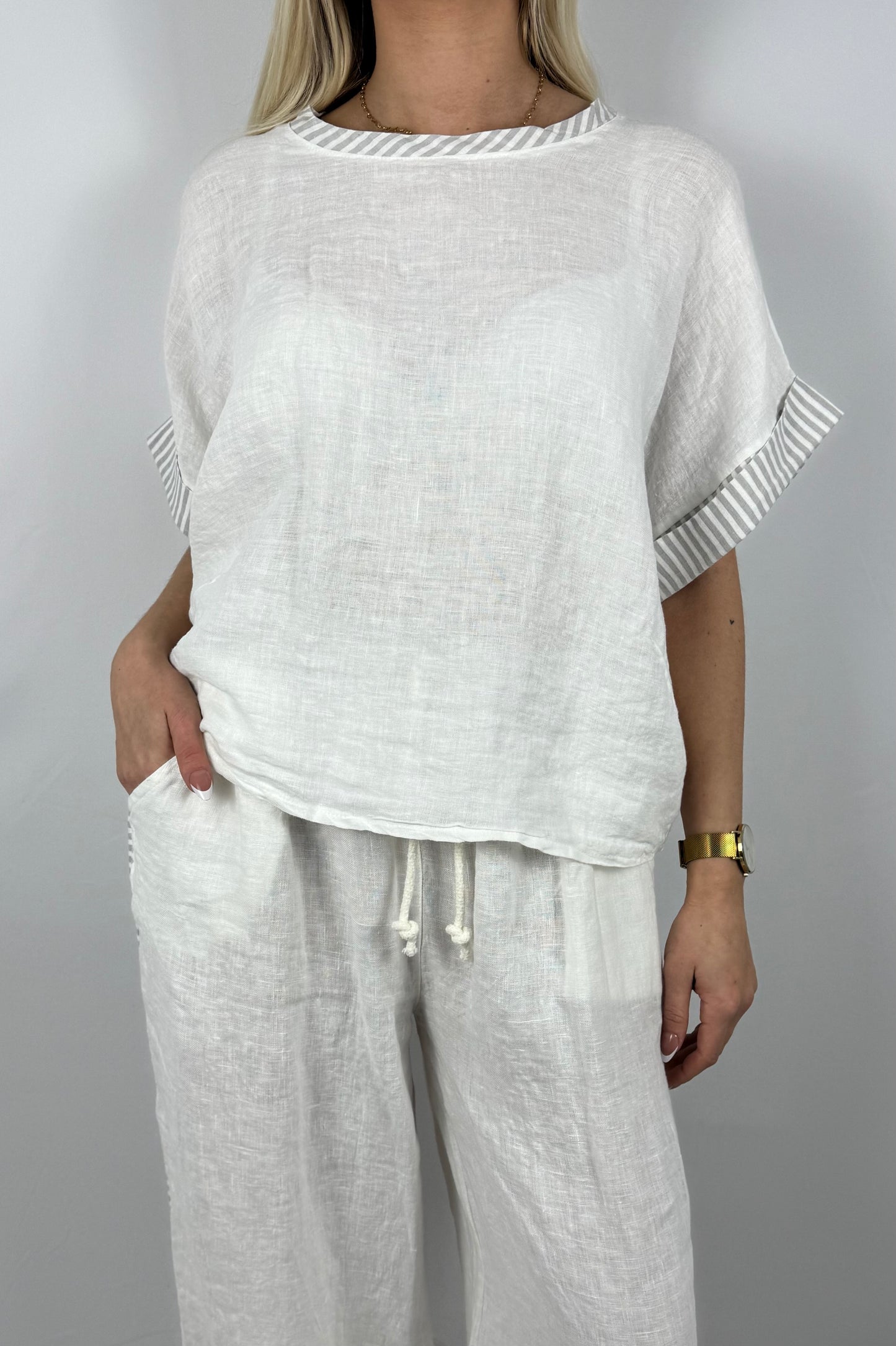 Leinen Shirt mit Streifen Detail-Weiß