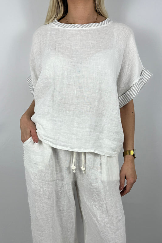 Leinen Shirt mit Streifen Detail-Weiß