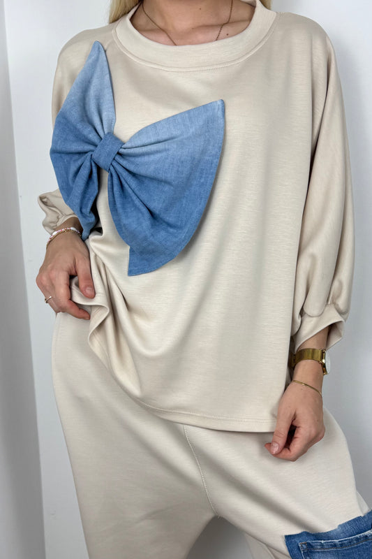 Shirt mit XXL-Schleifen-Detail-Beige