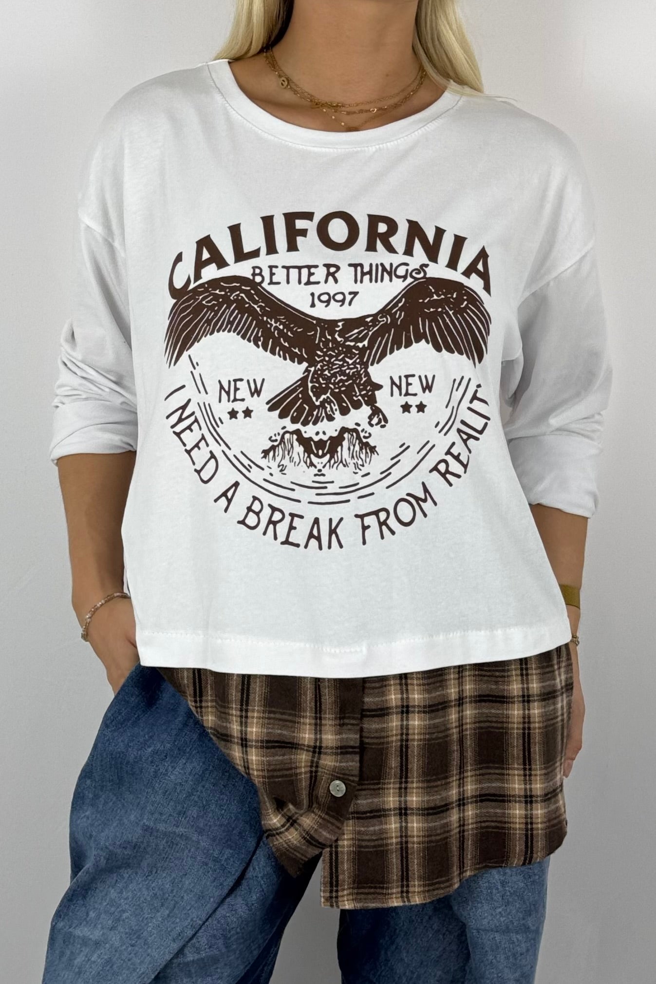Damen Layering-Shirt „California“ – Karomuster-Look-Weiß